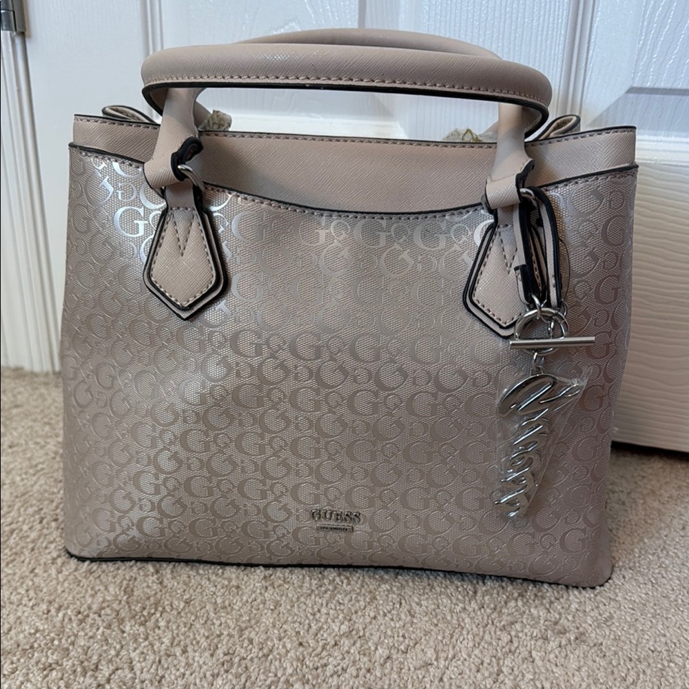 Guess Tan Satchel with Textured Design and Metallic Accents